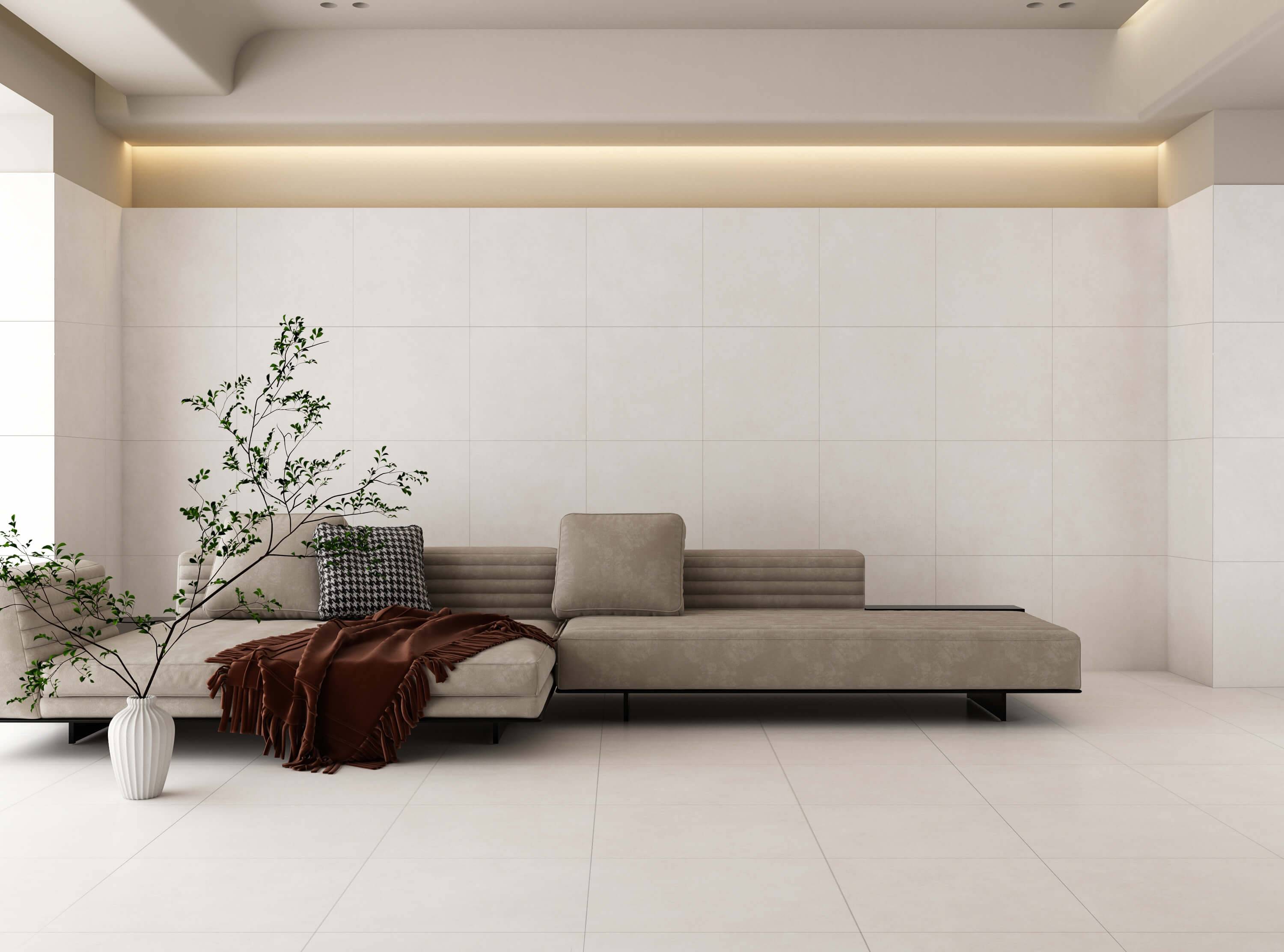Modern living room featuring marble flooring and wooden wall.