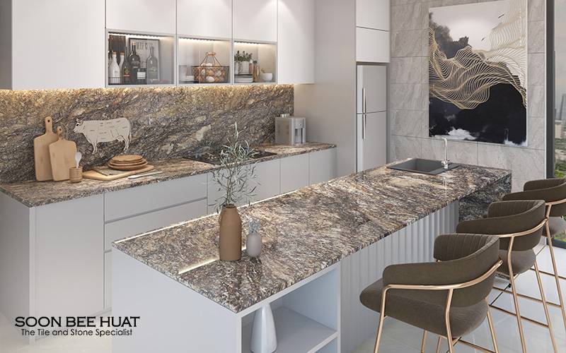 Modern kitchen with sleek white natural stone countertops.