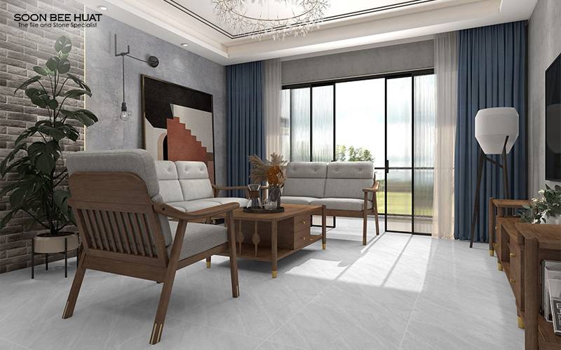 Modern living room with light-coloured and reflective tiles