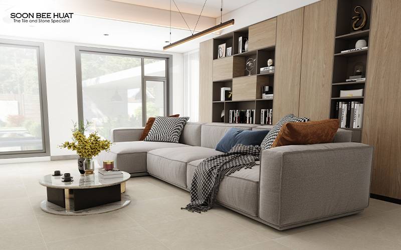 Modern living room with beige floor tiles and wooden cabinetry.