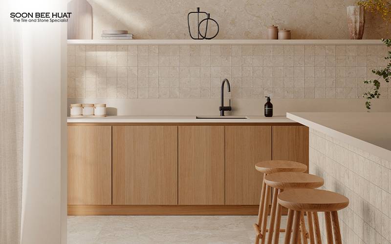 Minimalist kitchen with wood cabinets and beige stone-look tile flooring.